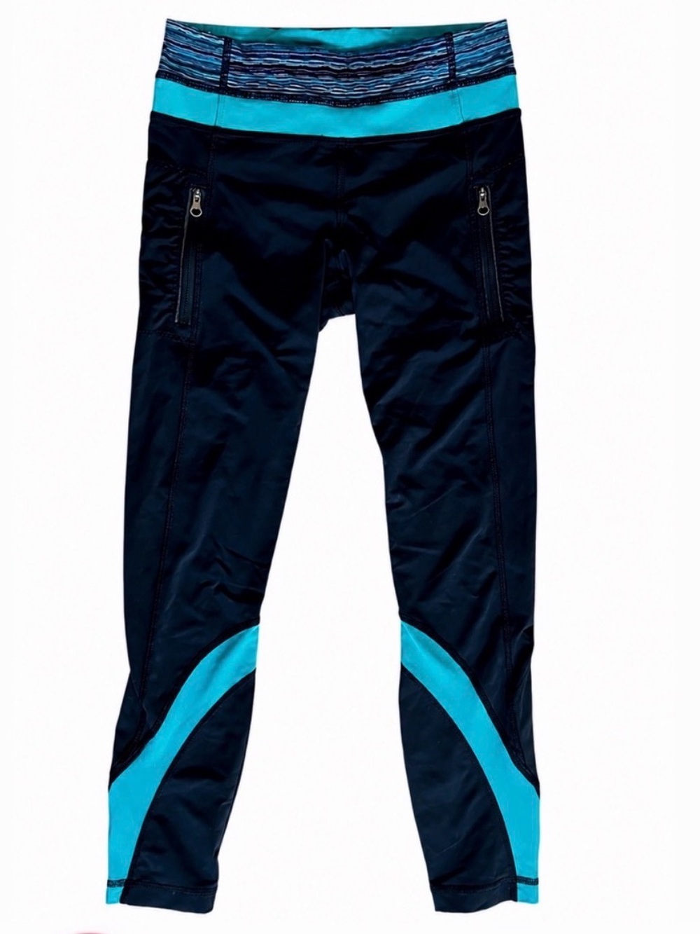 LULULEMON Run Inspire Cropped Leggings With Mesh Inserts - Black & Cyan - Sz 4